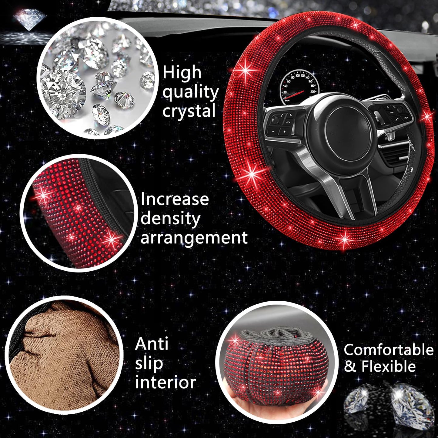 NBTEPEM 27-Piece Bling Car Accessories Set - Universal Fit Steering Wheel Covers, License Plate Frames, Phone Holder, Car Fast Charger, Coasters (Pink)