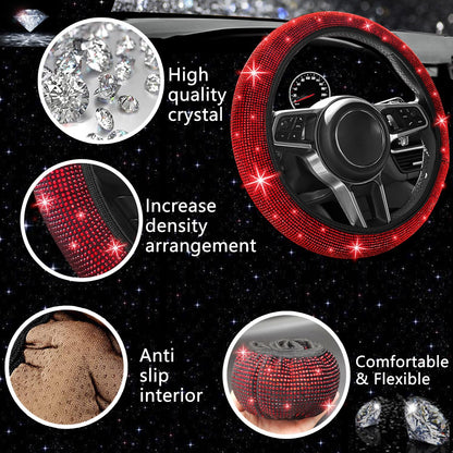 NBTEPEM 27-Piece Bling Car Accessories Set - Universal Fit Steering Wheel Covers, License Plate Frames, Phone Holder, Car Fast Charger, Coasters (Pink)