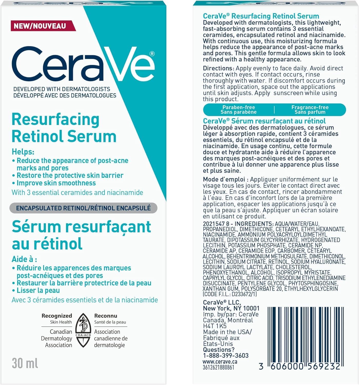 CeraVe Resurfacing Retinol Serum für das Gesicht mit Niacinamid. Hilft, den Hautton auszugleichen und die Haut zu glätten, gegen Pickelmale und zur Porenverkleinerung. Sanft, parfümfrei, nicht komedogen, sicher für empfindliche Haut, 30 ml