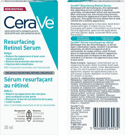 CeraVe Resurfacing Retinol Serum für das Gesicht mit Niacinamid. Hilft, den Hautton auszugleichen und die Haut zu glätten, gegen Pickelmale und zur Porenverkleinerung. Sanft, parfümfrei, nicht komedogen, sicher für empfindliche Haut, 30 ml
