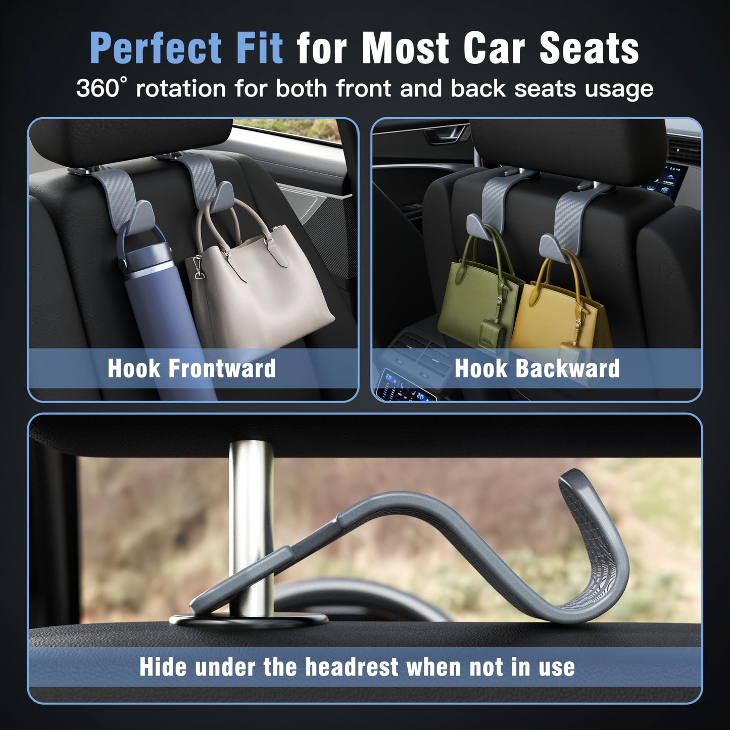 Amooca 4-Pack Car Headrest Hooks Vehicle Storage Organizer for Purses Handbags Groceries Backpack Coats –Holds 55lbs 360° Rotating Black