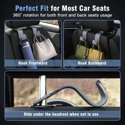 Amooca 4-Pack Car Headrest Hooks Vehicle Storage Organizer for Purses Handbags Groceries Backpack Coats –Holds 55lbs 360° Rotating Black