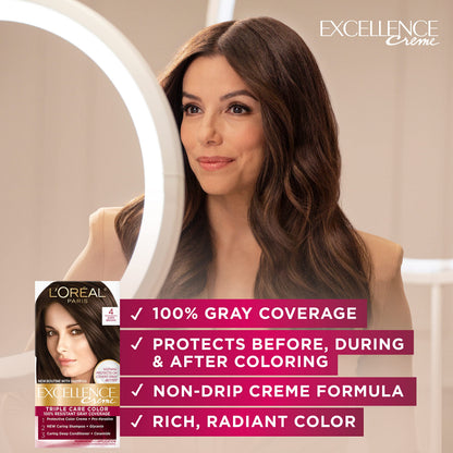 L'Oréal Paris Excellence Crème Permanente Haarfarbe, dreifache Pflegehaarfarbe mit Hyaluronsäure für 100% Grauabdeckung, 4AR Dunkles Schokobraun, 1 Packung (Verpackung kann variieren)