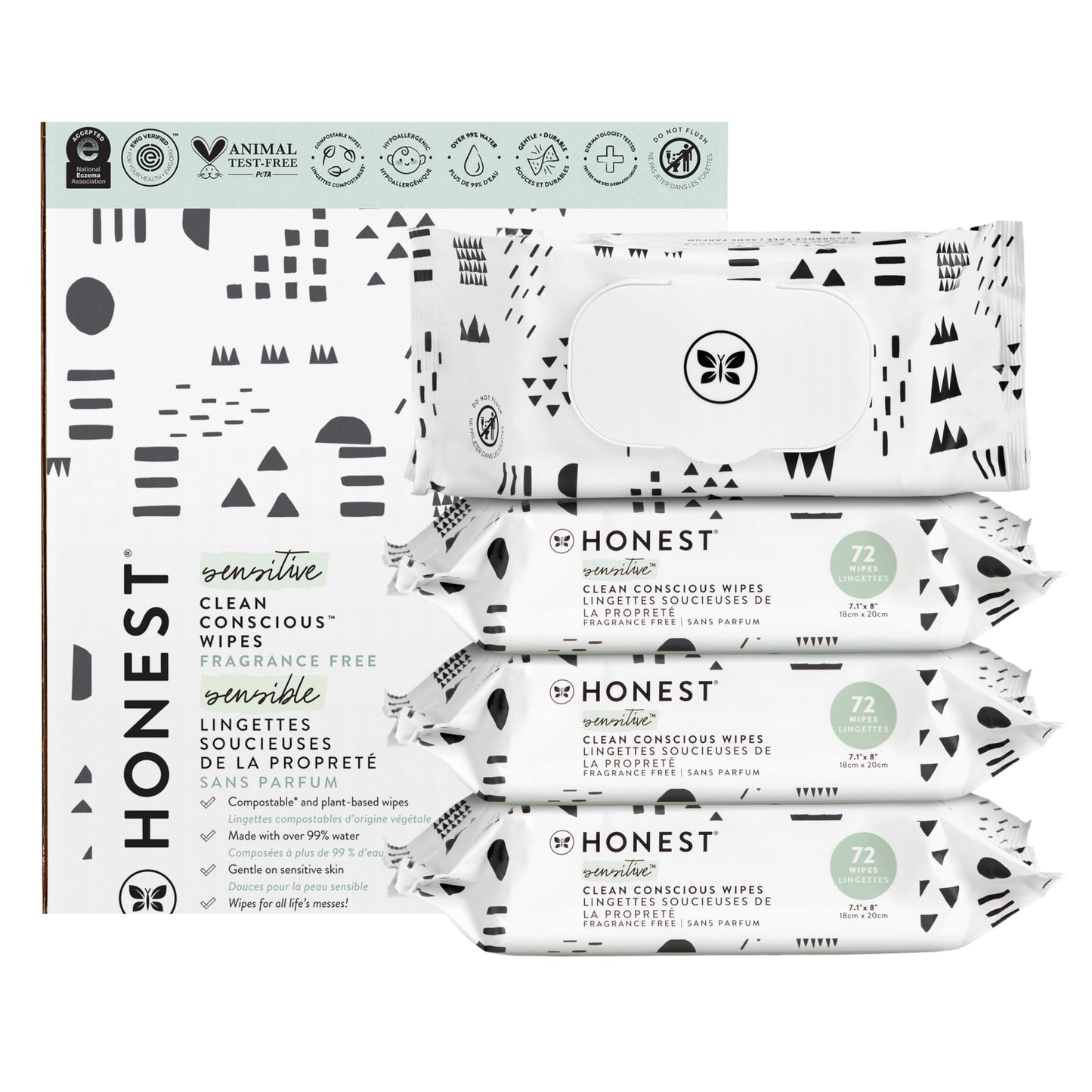 The Honest Company Clean Conscious Unscented Wipes | Over 99% Water, Compostable, Plant-Based, Baby Wipes | Hypoallergenic for Sensitive Skin, EWG Verified | Pattern Play, 576 Count