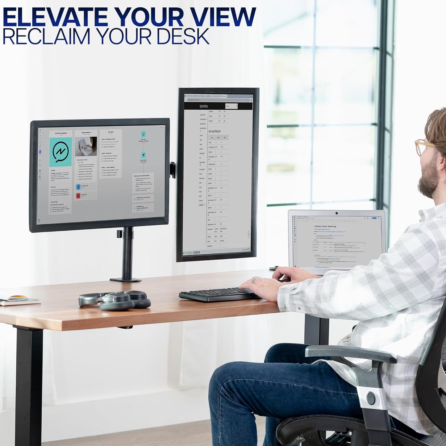 VIVO Dual-Monitor Tischhalterung, für 2 Bildschirme bis zu 30 Zoll und je 10 kg, Hochleistungs-Stahlständer voll verstellbar mit Klemme und Tülle, Schwarz, STAND-V002