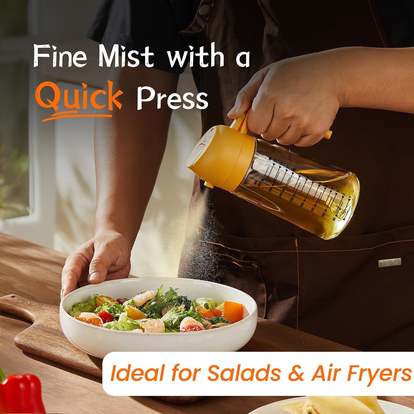 TrendPlain 470ml Olivenölsprühflasche für Küchengeräte – 2-in-1 Olivenölspenderflasche und Airfryer-Zubehör zum Kochen, für Salate und BBQ – Schwarz