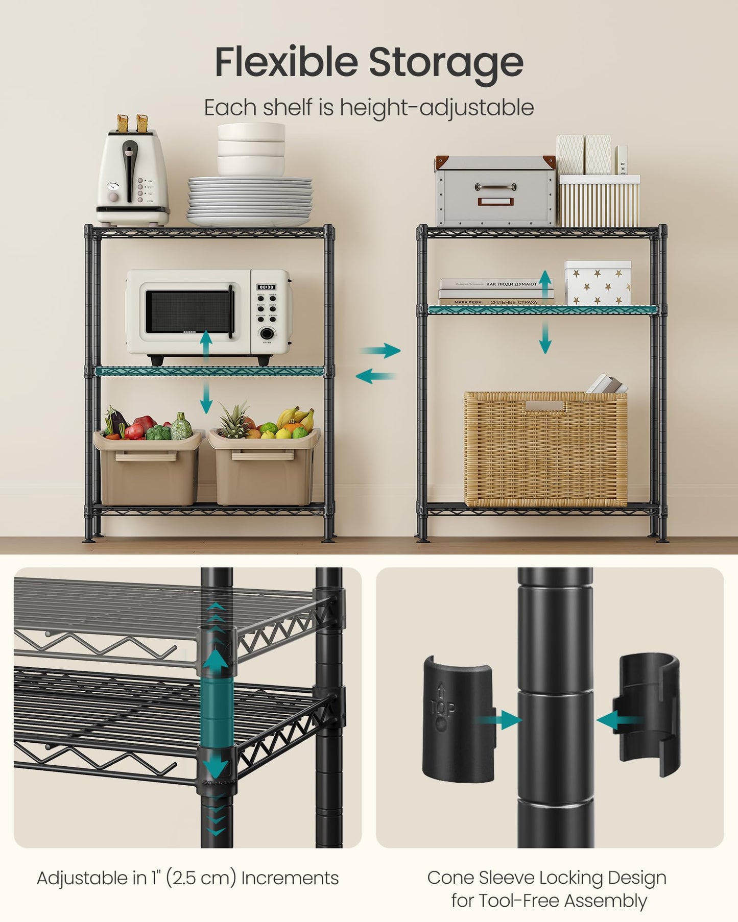SONGMICS Storage Shelf, Small Metal Wire Shelving Unit, Adjustable Shelves, for Small Spaces, Garage, Bedroom, Living Room, Kitchen, Pantry, 5 Tier, 11.8 x 11.8 x 47.6 Inches, Ink Black ULGR123BH01