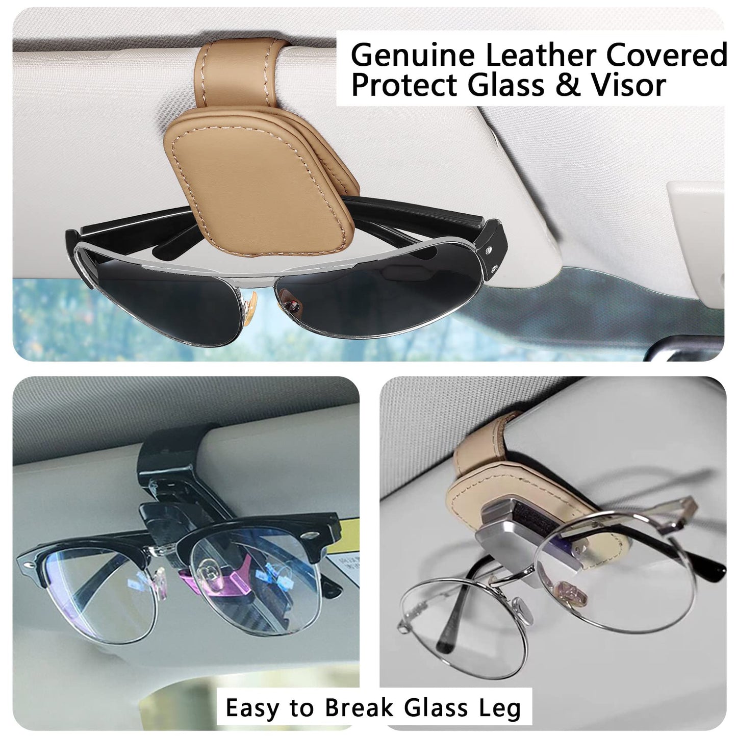 2 Packs Sunglasses Holder for Car Visor, Genuine Leather Car Sunglass Holder, Glasses Clip for Cars,Auto Interior Accessories Universal for SUV Pickup Truck (Black-(2 Pcs)