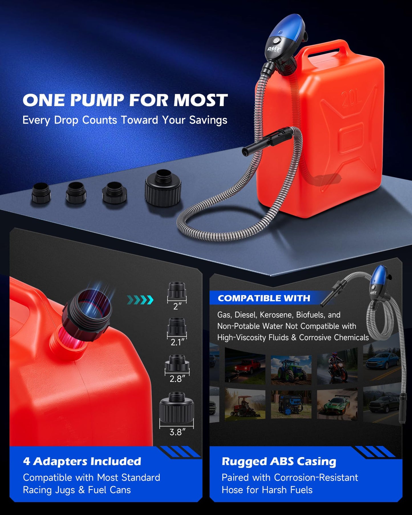 Orion Motor Tech Electric Fuel Transfer Pump with Auto-Shutoff, 3.2GPM Gas Can Pump, 51" Hose, USB-C & AA Battery (NO BATTERIES INCLUDED) Powered, 4 Adapters for Gasoline, Diesel, Kerosene, Blue