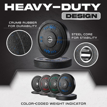 Yes4All 2" Bumper Plate, 10-190 LB Olympic Rubber Weight Plate with Steel Hub for WeightLifting, Strength Training, Home Gym, Less Impact, Absorb Bounce & Shock, Multiple Options