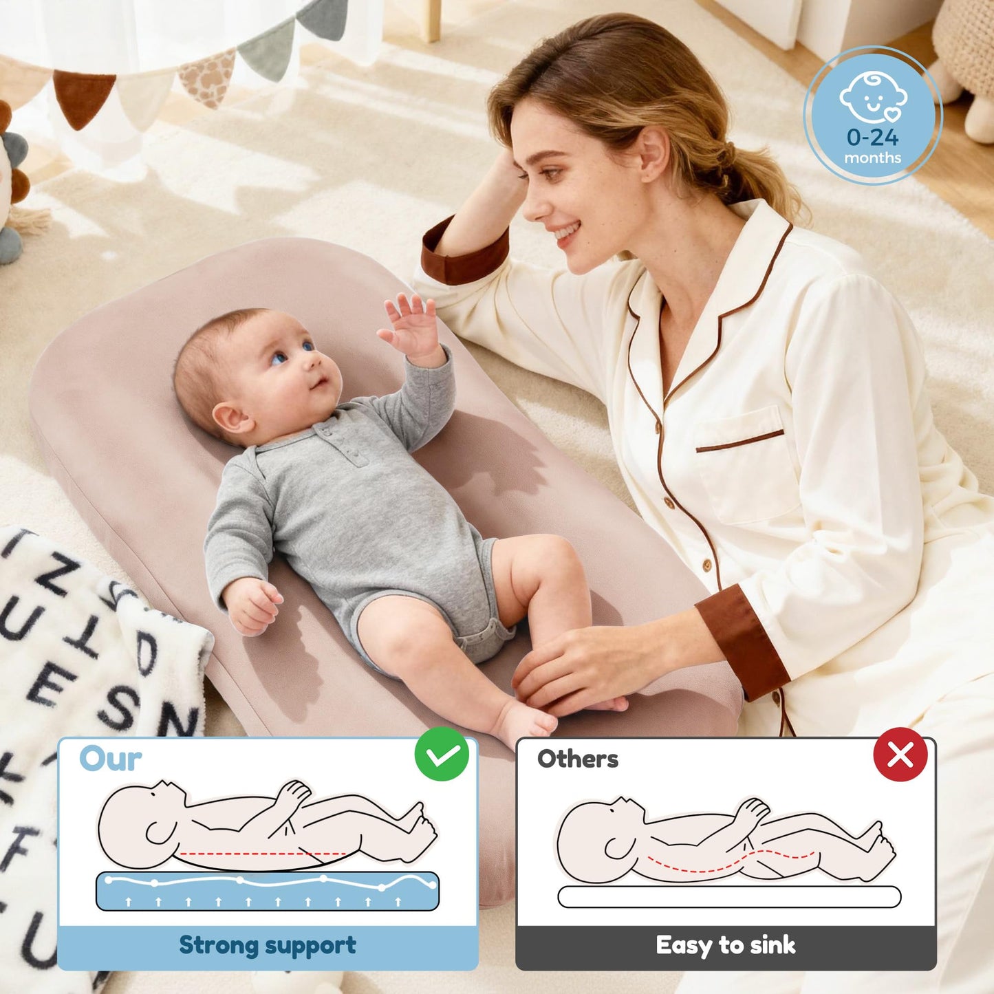 Baby Lounger & Snuggle Nest for Newborn 0-24 Months, Baby Nest Supervised Breathable Cotton for Newborn, Breathable Portable Infant Lounnger for Travel and Home, Pink (Lounger Cover Included)