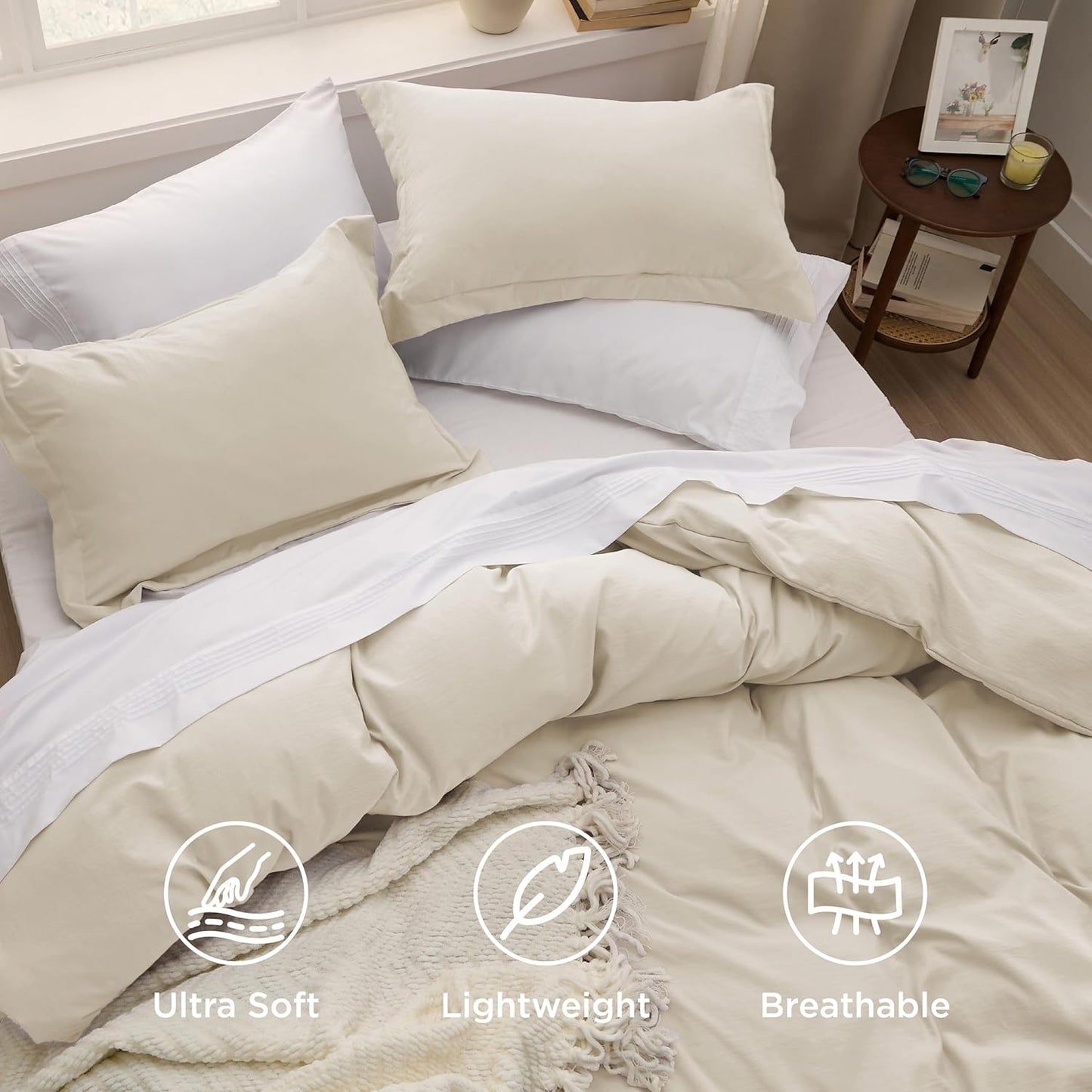 Funda nórdica blanca Bedsure, tamaño Queen, 3 piezas, aspecto de algodón prelavado, juego de cama extrasuave, incluye 1 funda nórdica de 228 x 228 cm con cierre de cremallera y 2 fundas de almohada, edredón no incluido
