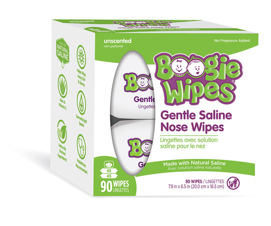 Saline Nose Wipes by Boogie, for Baby & Kids, Face, Hand & Body, Made with Vitamin E, Aloe, and Natural Saline, Unscented, 90 Count (Pack of 1)