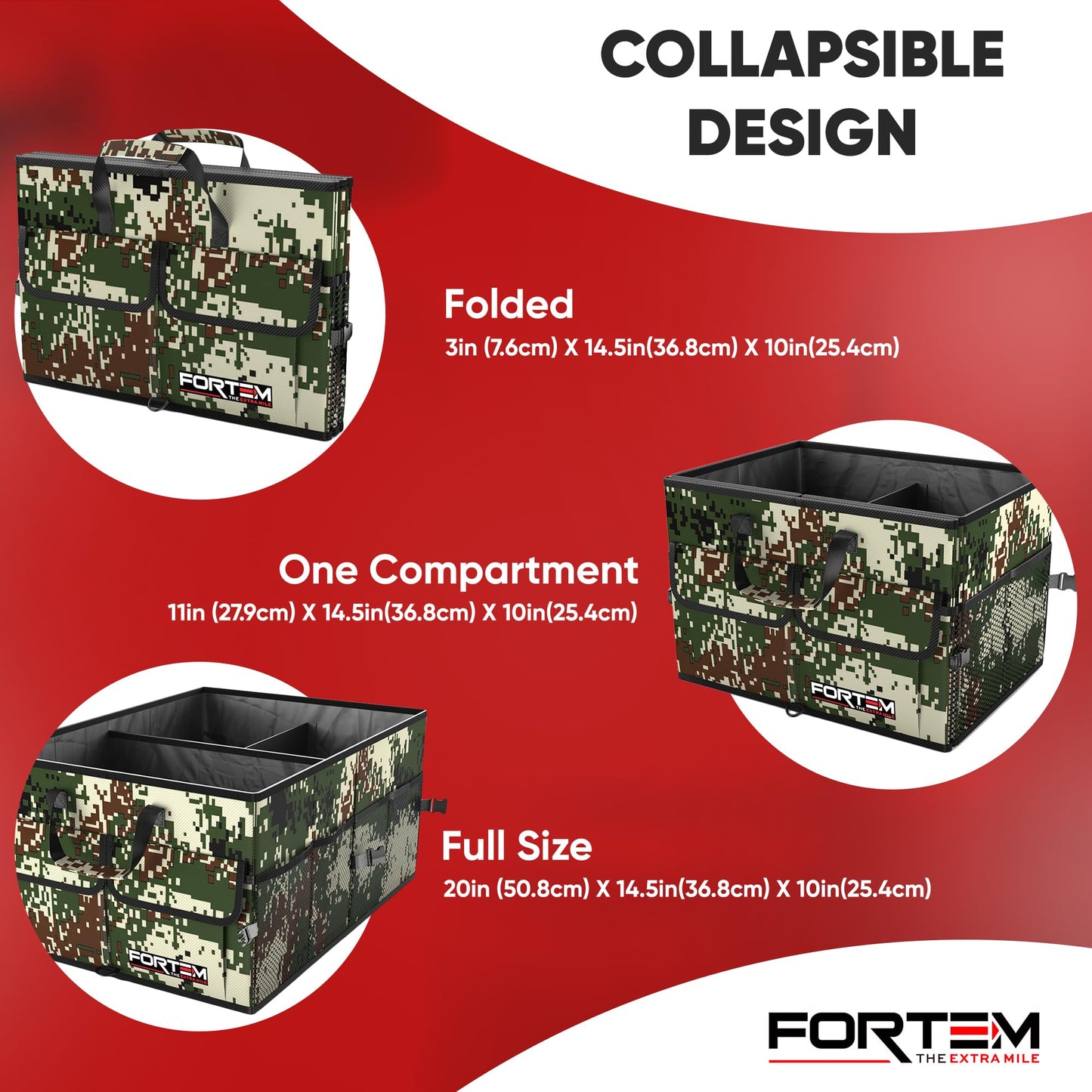 FORTEM Car Trunk Organizer, Collapsible Multi Compartment Car Organizer, Foldable SUV Storage for Car Accessories for Women Men, Non Slip Bottom, Securing Straps, Soft Cover 50L (Black, Standard)