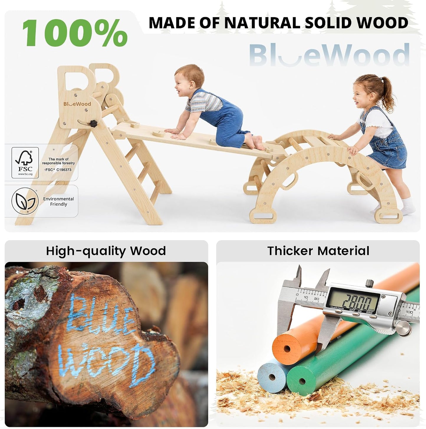 BlueWood Pikler Triangle Set with Cushion, 8-in-1 Climbing Toys for Toddlers, Montessori Philosophy Play Jungle Gym with Arch, Ramp, Ladder(Natural Wood)