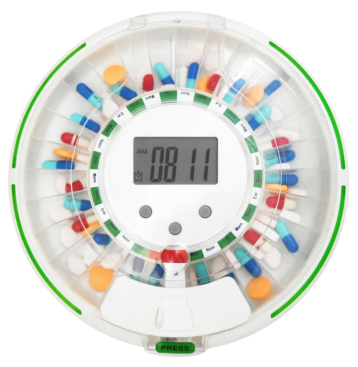 Automatic Pill Dispenser with Flashing Light, Sound, Alarm and Safety Lock, 28-Day Electronic Medication Organizer – Dispense Vitamins and Tablets Up 6 Times/Day – Easy Read Display (Frosted)