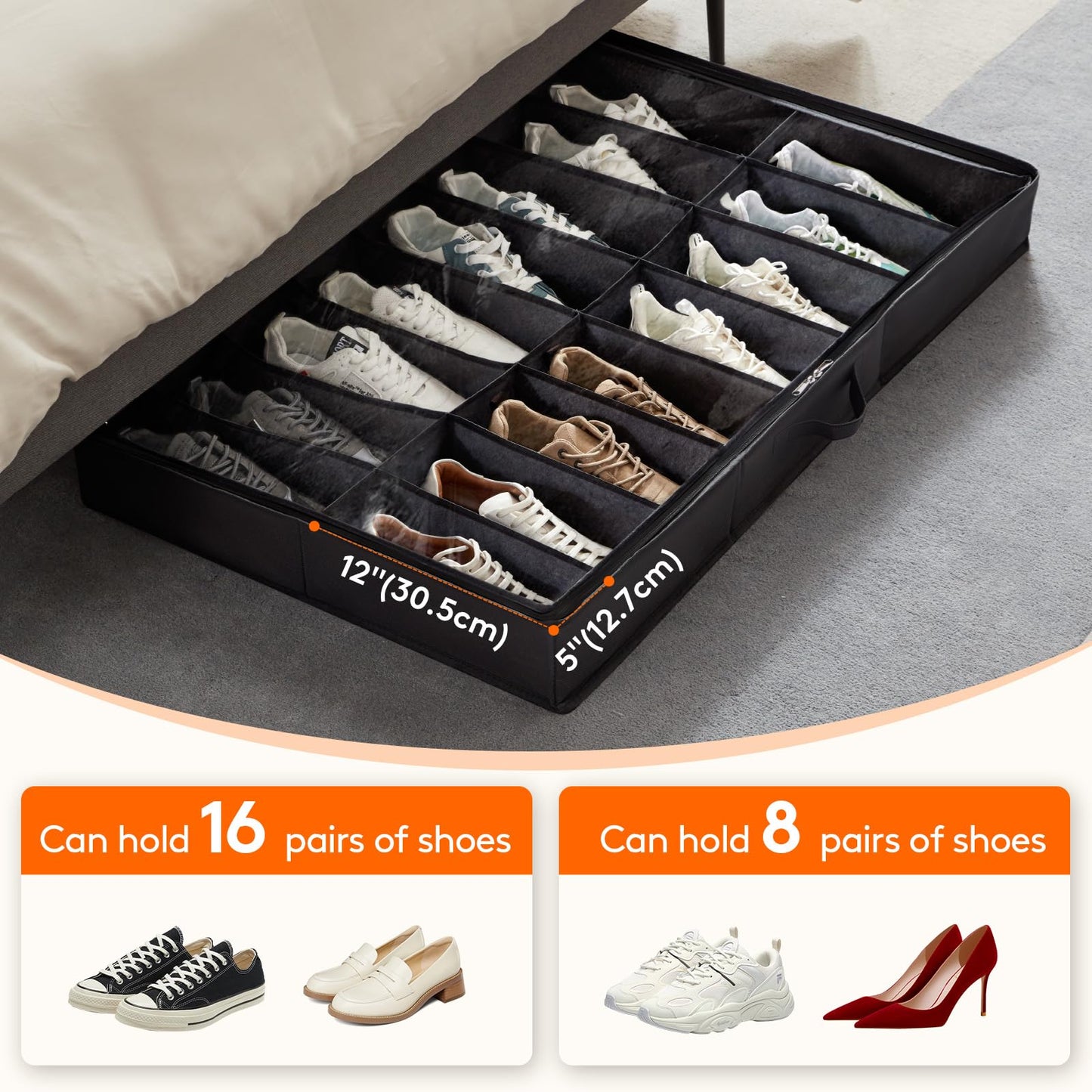 Lifewit Under Bed Shoe Storage Organizer 2 Pack(12 Shoes Cells), 4.3 Inches Profile Fabric Shoes Container Box with Clear Cover, Foldable Storage Bag with 2 Handles, Fits 12 to 24 Pairs