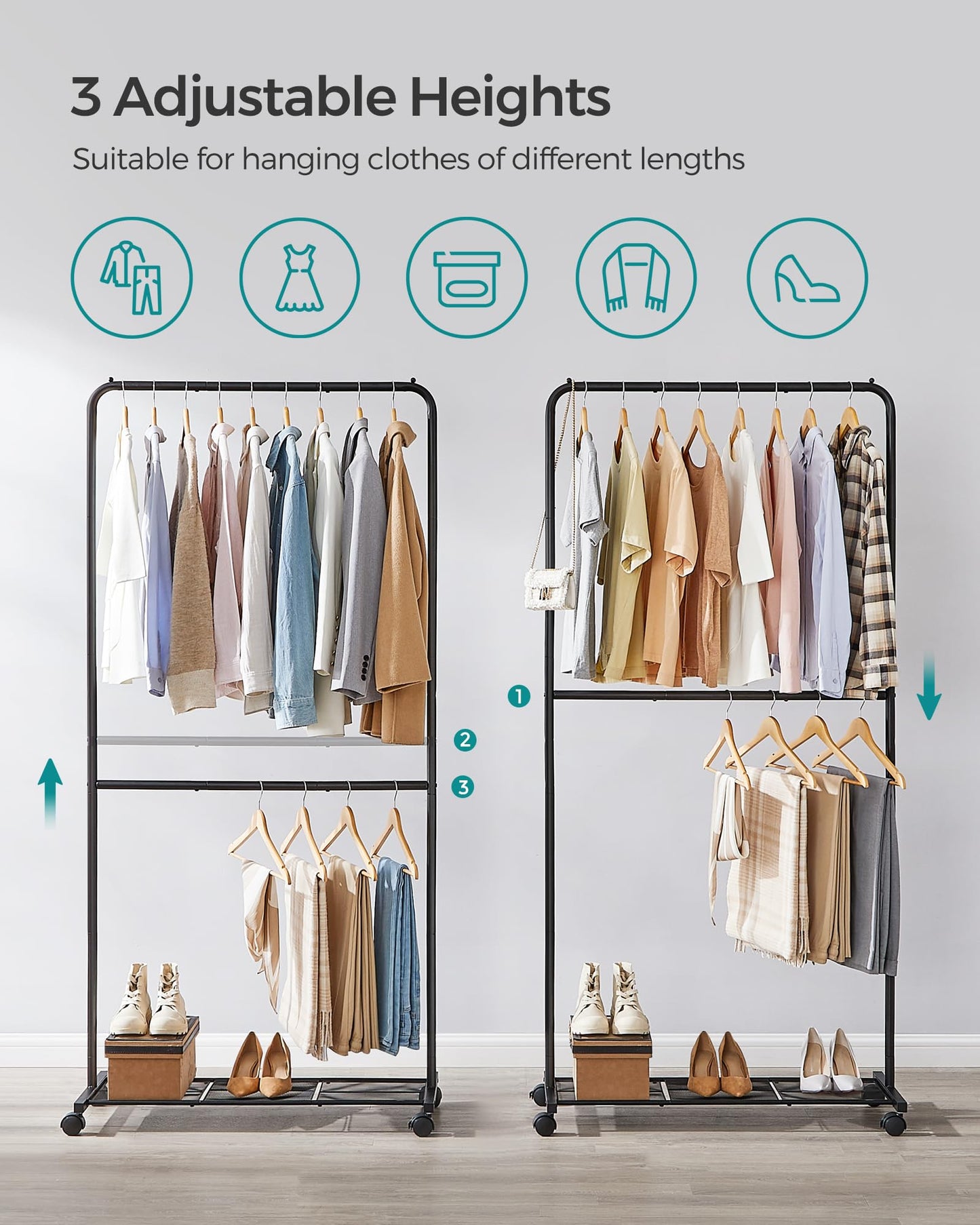 SONGMICS Clothes Rack with Wheels, Clothing Rack for Hanging Clothes, 25.4 mm Metal Garment Rack with Dense Mesh Storage Shelf, 110 lb Load Capacity, 2 Brakes, Black UHSR25BK