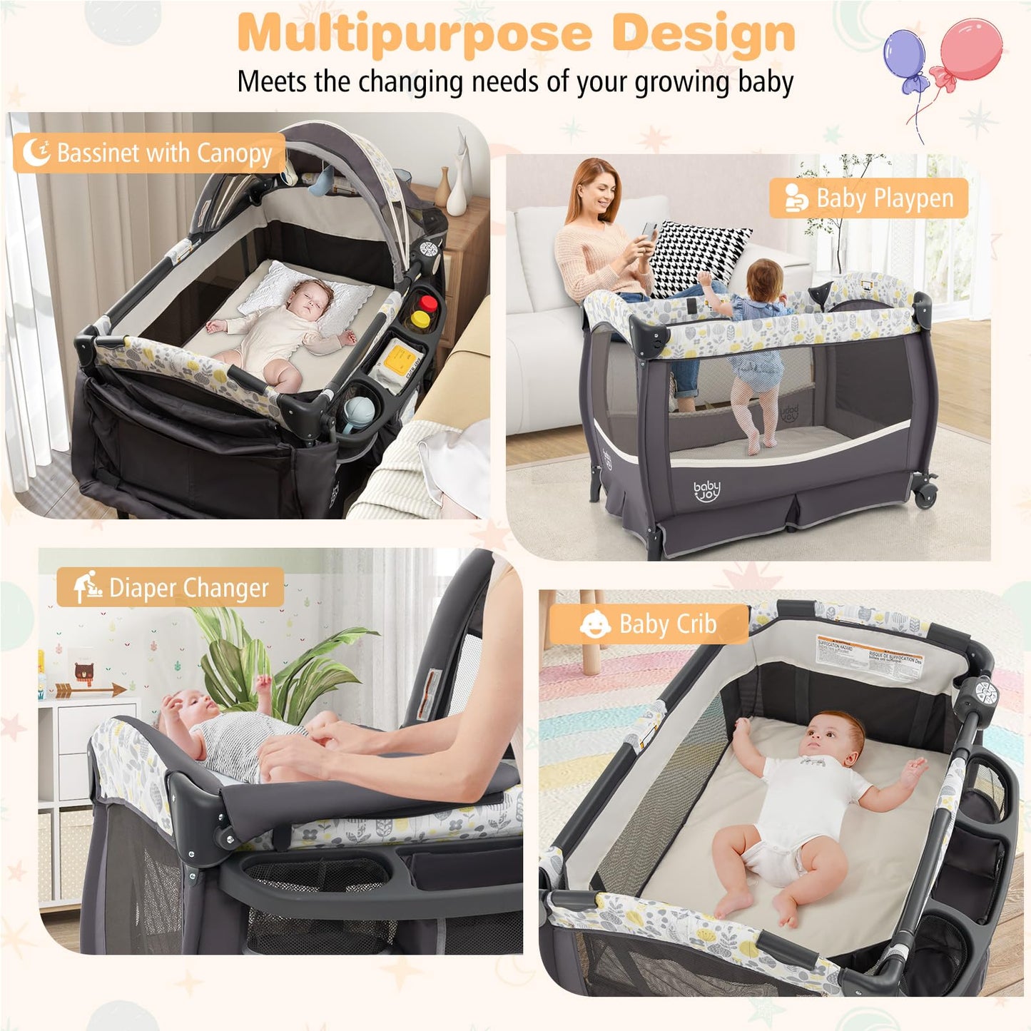 BABY JOY 4 in 1 Pack and Play, Portable Baby Playard with Bassinet & Flip-Away Changing Table, Canopy, Portable Bedside Crib with Storage Basket, Oxford Bag, Infant Bassinet from Newborn to Toddlers