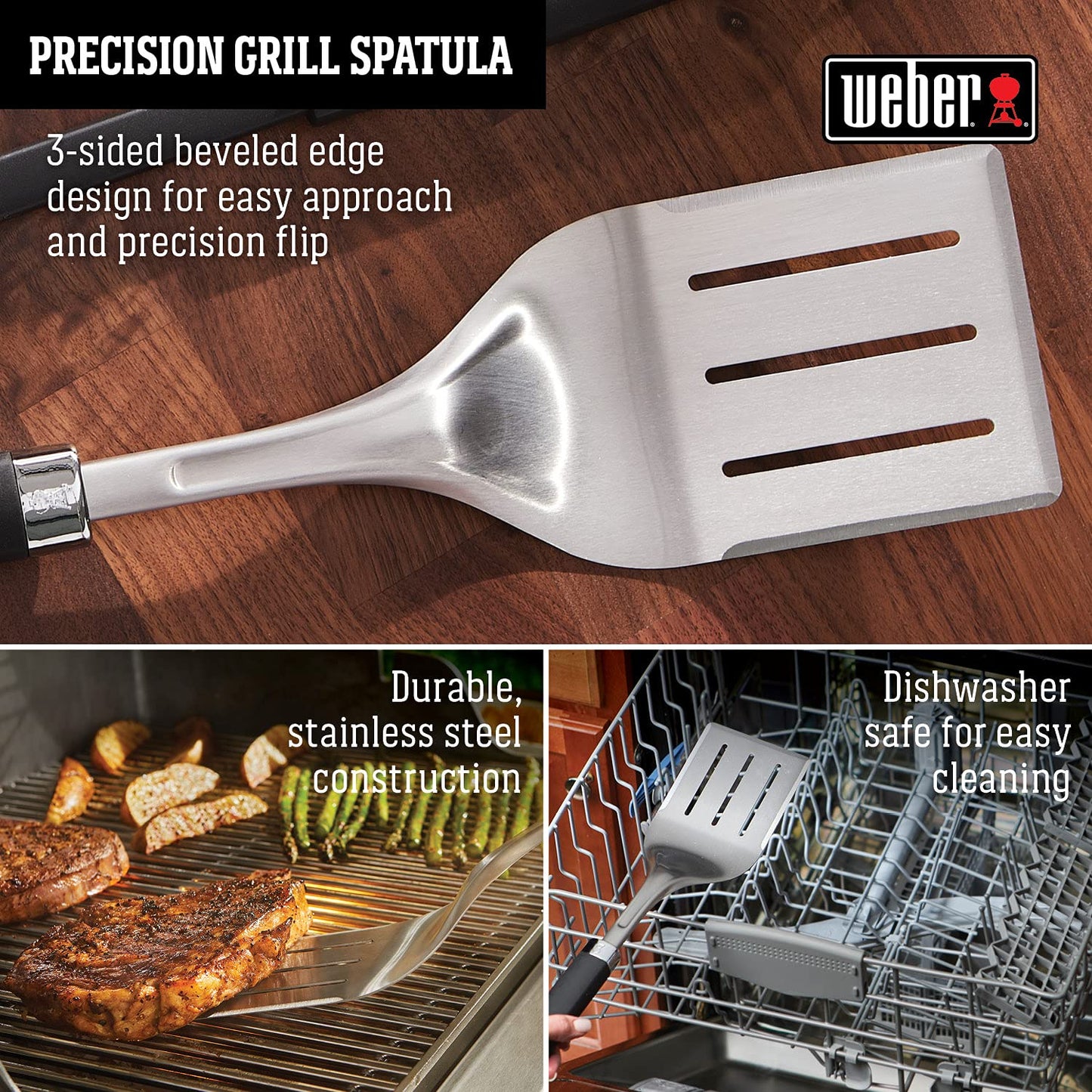 Weber Precision 3‑Piece Grilling Tool Set – Stainless Steel Tongs, Spatula & Silicone Basting Brush with Non‑Slip Handles and Hands‑Free Locking - Grill Accessory Kit
