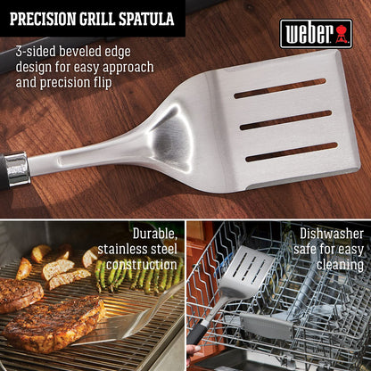 Weber Precision 3‑Piece Grilling Tool Set – Stainless Steel Tongs, Spatula & Silicone Basting Brush with Non‑Slip Handles and Hands‑Free Locking - Grill Accessory Kit