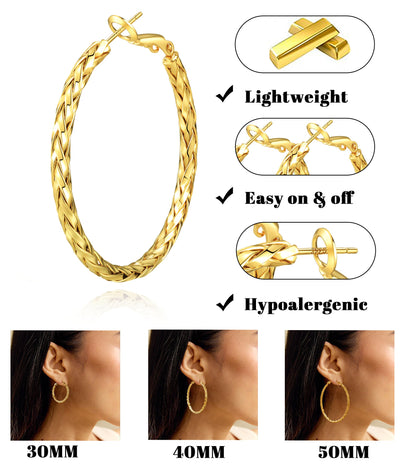 925 Sterling Silver Post Hoop Earrings Lightweight Twisted Hoop Earrings for Women Hypoallergenic Large Hoop Earrings 30/40/50MM