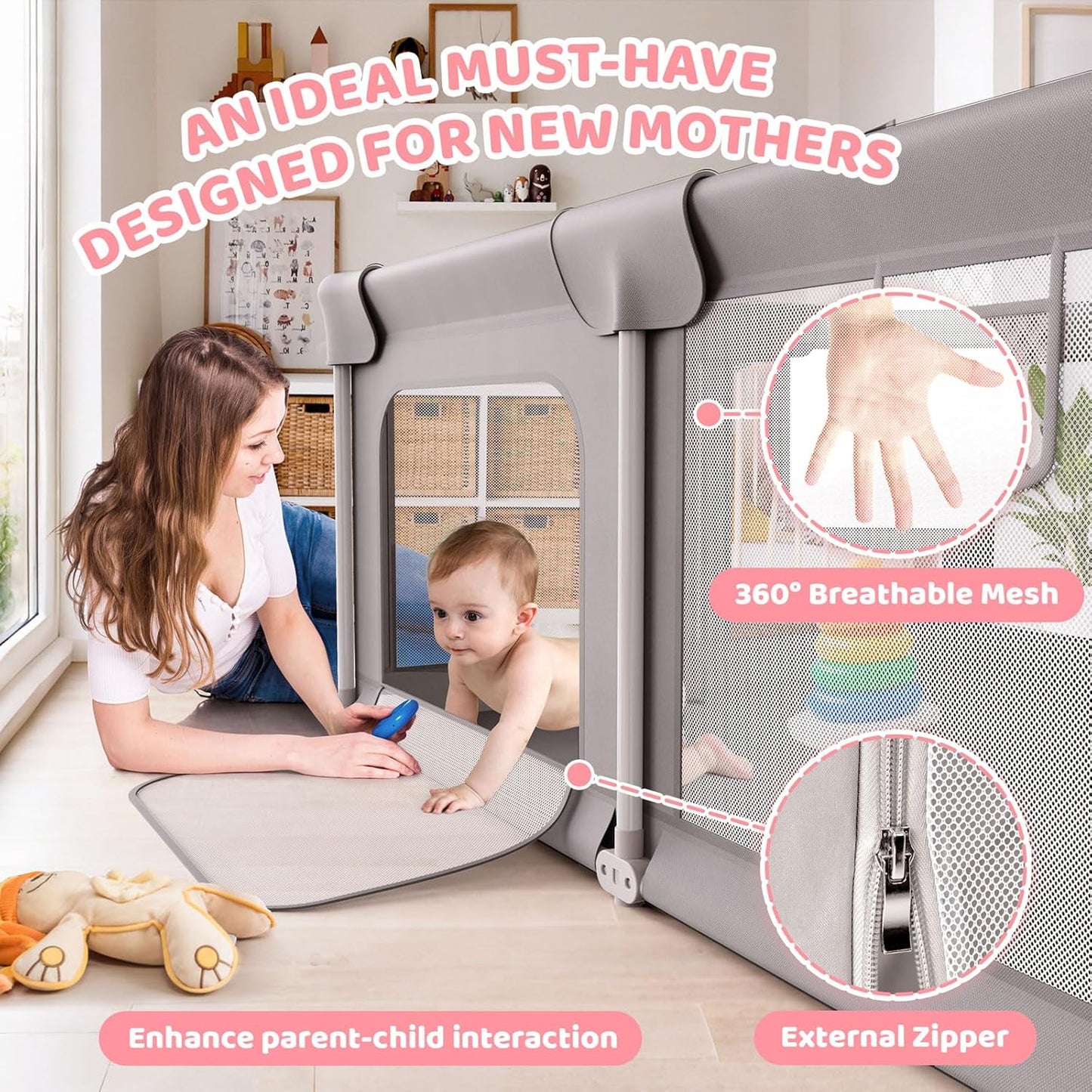 Palopalo Baby Laufgitter, 180x150cm Extra Großer Laufstall für Babys und Kleinkinder, Baby-Aktivitätszentrum mit 8 Saugnapfbasen, Baby-Laufstall mit Tür und weichem, atmungsaktivem Netz, Ohne Matte