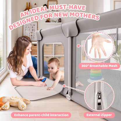 Palopalo Baby Laufgitter, 180x150cm Extra Großer Laufstall für Babys und Kleinkinder, Baby-Aktivitätszentrum mit 8 Saugnapfbasen, Baby-Laufstall mit Tür und weichem, atmungsaktivem Netz, Ohne Matte