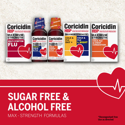 Coricidin HBP Maximum Strength Cold & Flu Day & Night Sugar-Free Liquid Twinpack,Decongestant-Free Cold Medicine for Adults with High Blood Pressure -12 Fl Oz,2 Count (Pack of 2)