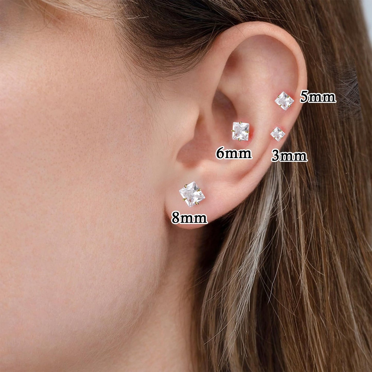 Trinckle 4 Paar Edelstahl Ohrringe, Silber Zirkonia Ohrstecker Hypoallergener Prinzessschliff Ohrstecker Set für Damen, Quadratische Ohrringe für Herren Knorpelpiercing Labordiamant Herren Schmuck Geschenke