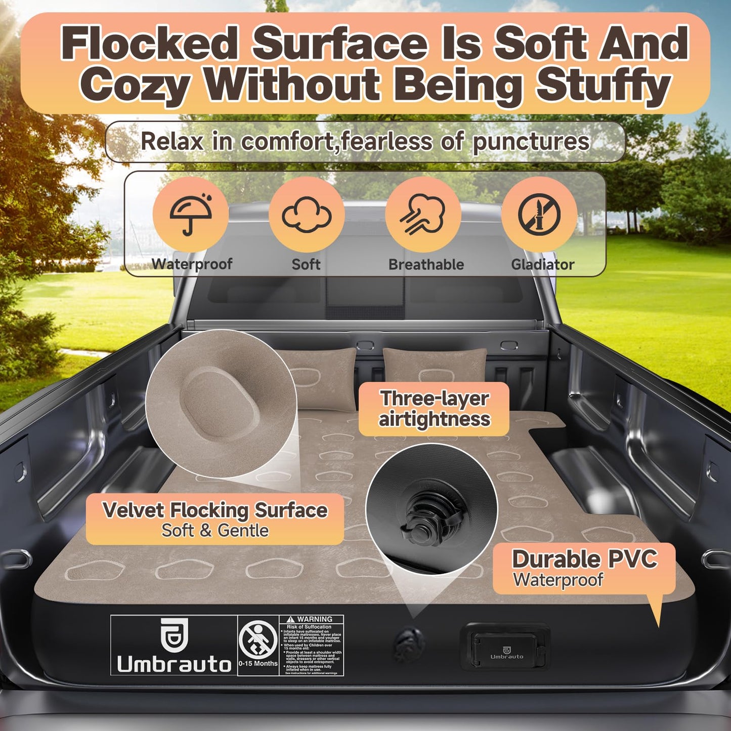 Umbrauto Car Air Mattress Backseat| Inflatable Truck Back Seat Camping Airbed for SUV Rear Seat, Blow Up Sleeping Travel Bed for Van Trunk with Pump & Pillows