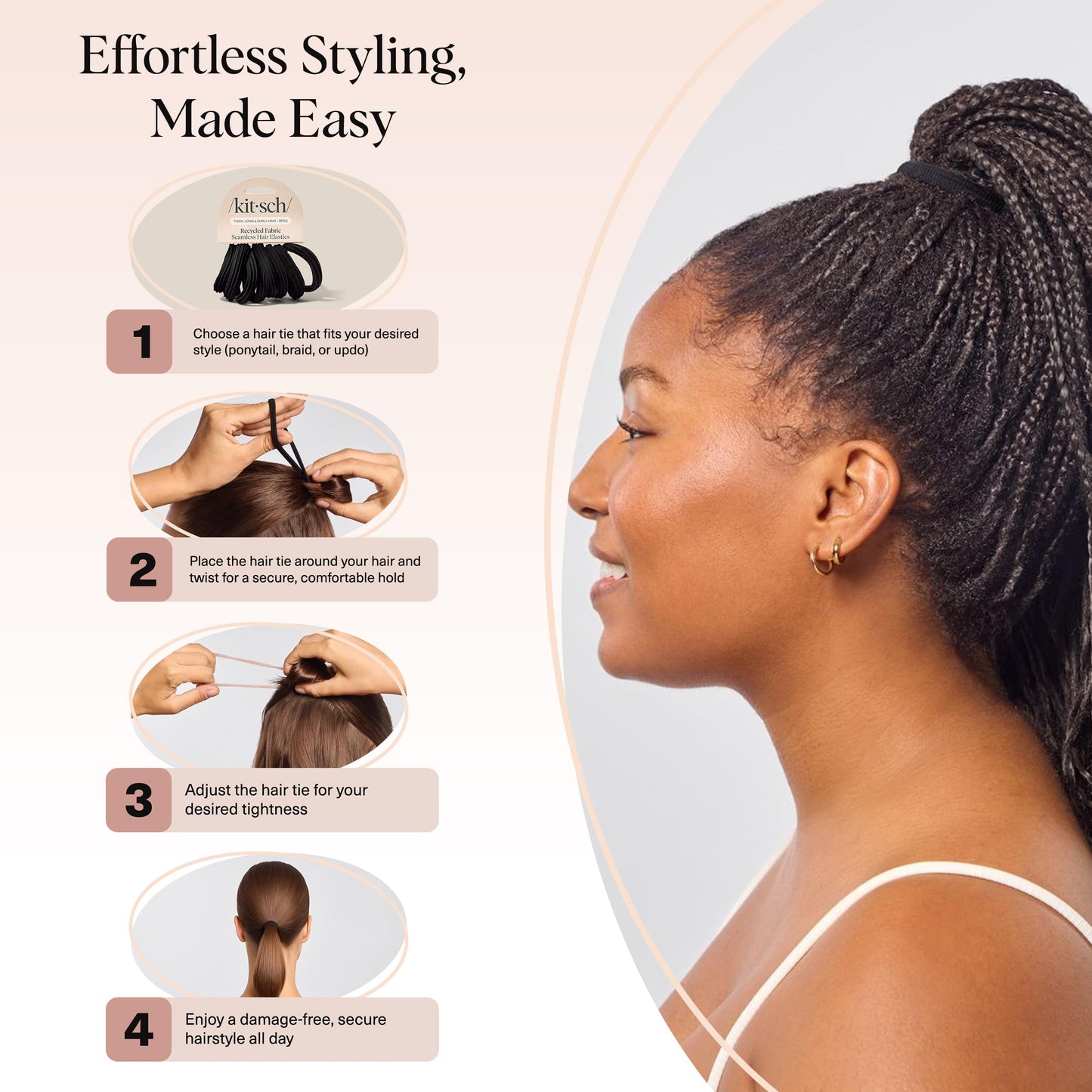 Kitsch Schwarze Haargummis ohne Haarschäden – Starke, dehnbare Haarbänder | Weiche Nylon-Pferdeschwanzhalter, ziepen nicht, ideal für Hochsteckfrisuren und Zöpfe | Ideale Geschenke für Frauen – Schwarz, 20 Stück