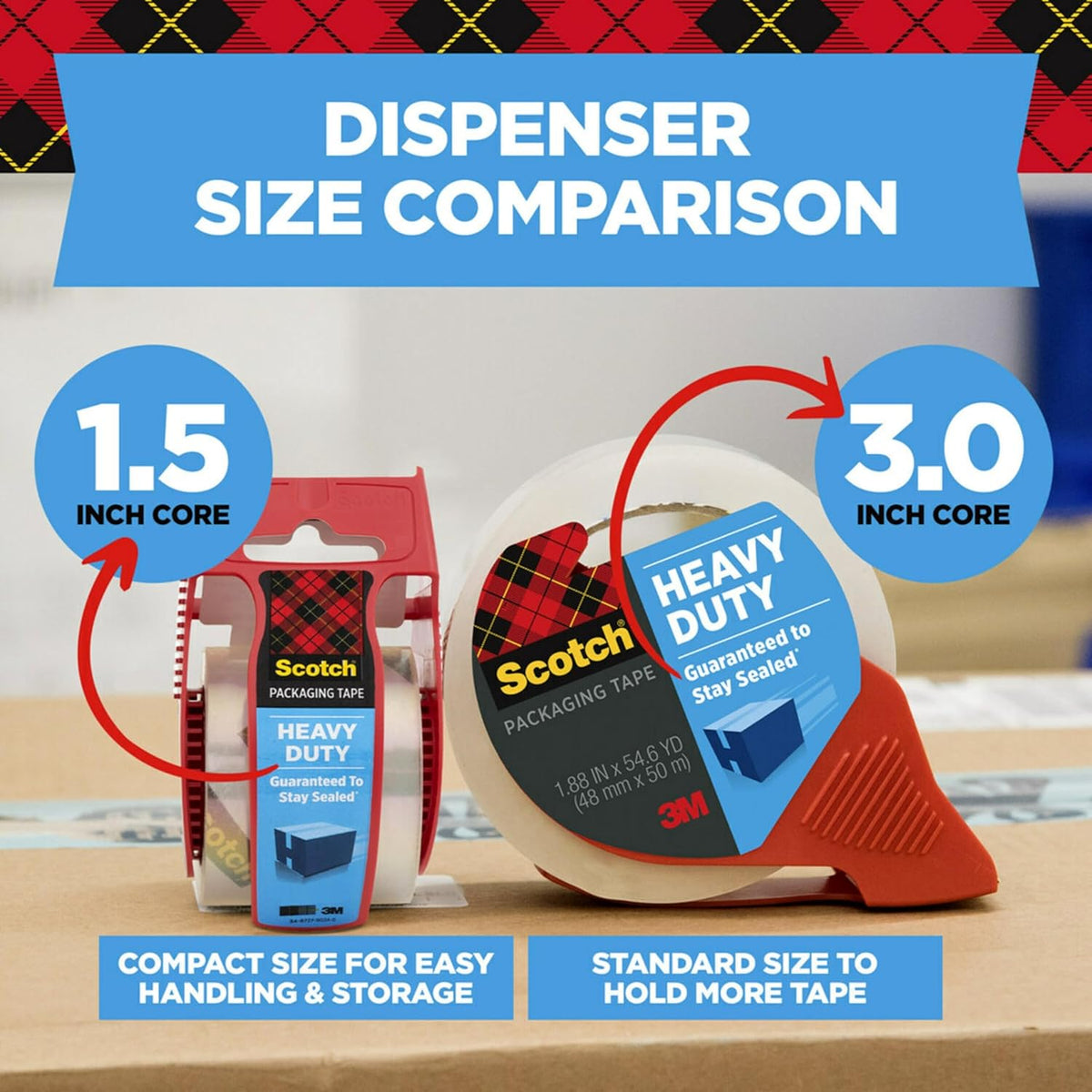 Scotch Heavy Duty Shipping Packaging Tape, 1 Roll with Dispenser, 1.88" x 22.2 Yards, 1.5" Core, Great for Packing, Shipping & Moving, Clear (142)