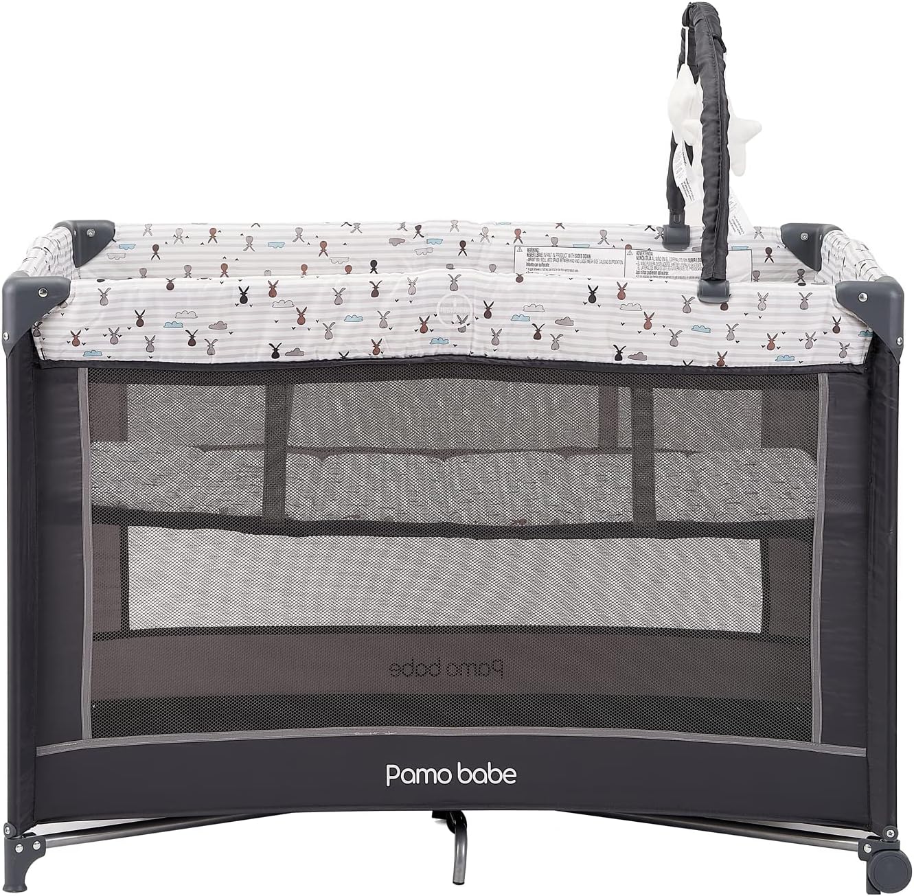 Pamo Babe Tragbarer Baby-Laufstall, leichtes Reisebett mit Matratze und Rollen (Hase)