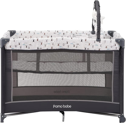 Pamo Babe Tragbarer Baby-Laufstall, leichtes Reisebett mit Matratze und Rollen (Hase)
