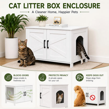 Homhedy Cat Litter Box Enclosure, Wooden Cat Washroom Furniture with Barn Door, Pet House, Fit Most of Litter Box, White