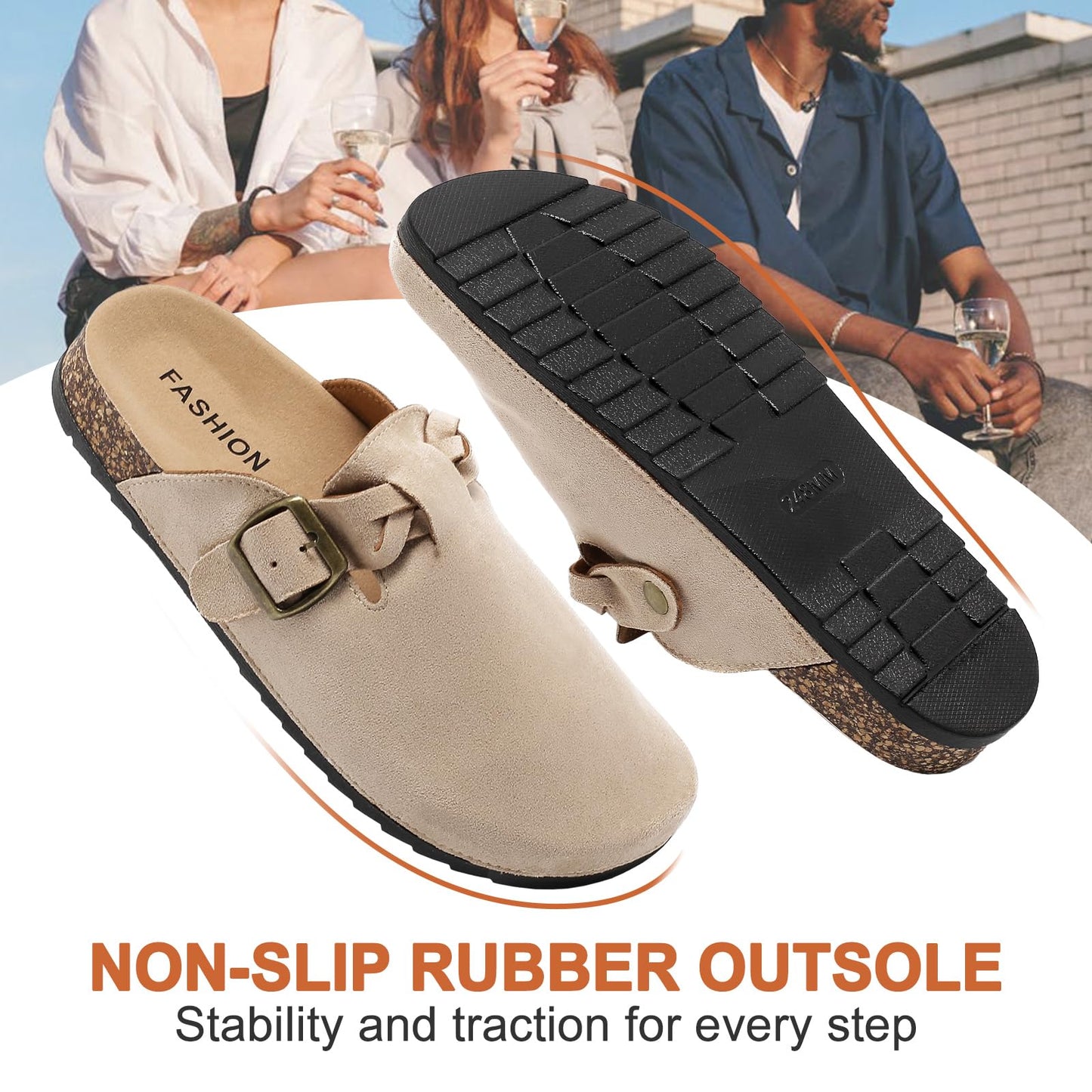 Women's Suede Clogs Mens Leather Mules Comfort Cork Footbed Sandals with Arch Support and Adjustable Buckle