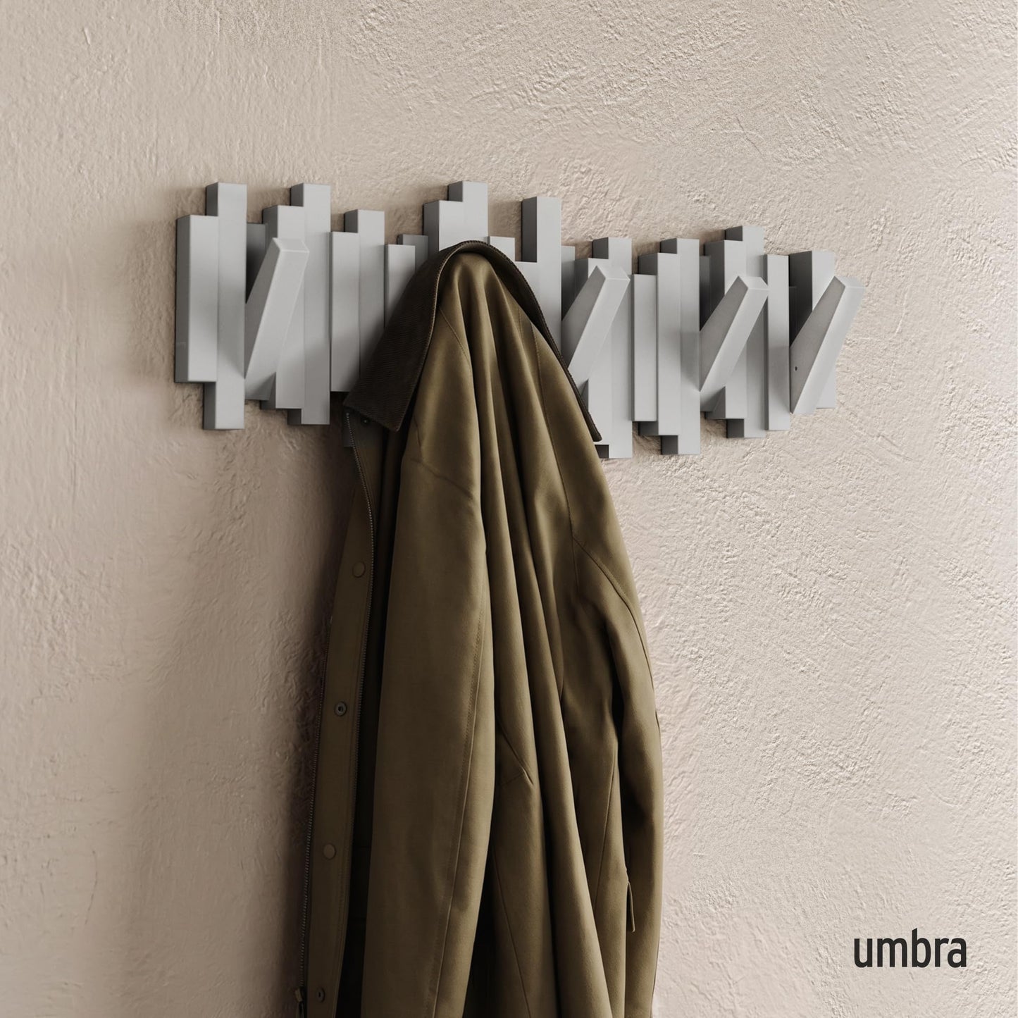 Umbra Sticks Wall-Mounted Coat Rack Rail Hook with 5 Retractable Pegs – Modern, Space-Saving Storage Organizer, Black