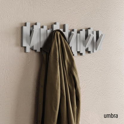 Umbra Sticks Wall-Mounted Coat Rack Rail Hook with 5 Retractable Pegs – Modern, Space-Saving Storage Organizer, Black