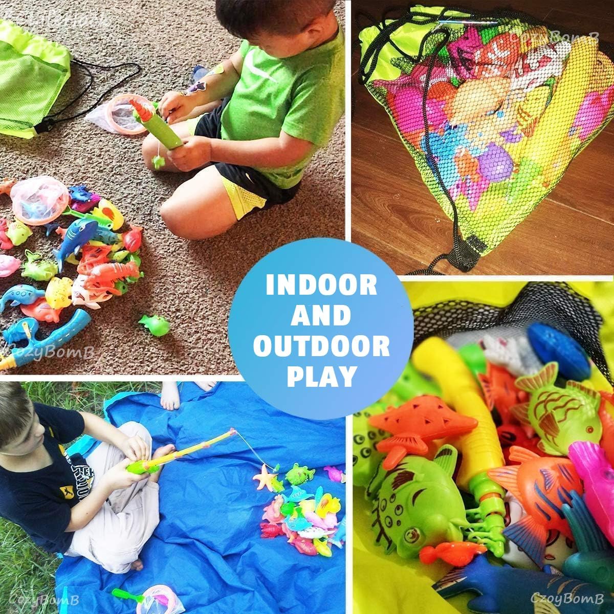 CozyBomB Magnetisches Angelspielzeug-Set für Kinder – Planschbecken, Badewanne, Kinderparty-Spielzeug mit Angelrute, Netz, schwimmenden Plastikfischen, Kleinkinder, Farben, Ozean, Meerestiere, Alter 3 4 5 6 Jahre