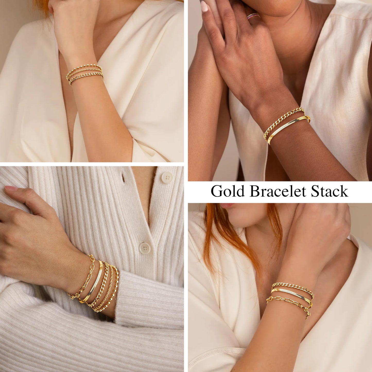 Goldarmbänder für Frauen Stapel Nicht Anlaufen, 14K Vergoldete Stapelbare Armbänder Set für Frauen Trendy, Wasserdicht Einfacher Schmuck Sets Geschenke Inklusive Perlen-/Kuban-/Büroklammer-/Fischgräten-/Seilglieder-Kette, Modeaccessoires