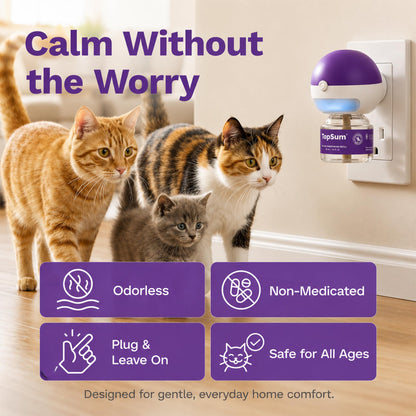 TopSum Cat Calming Pheromone Diffuser: Feline Pheromones Plug in for Stress, Alone At Home, Spraying, Fighting, Scratching, Aggression & Excessive Meowing (Purple– 6 Refills)
