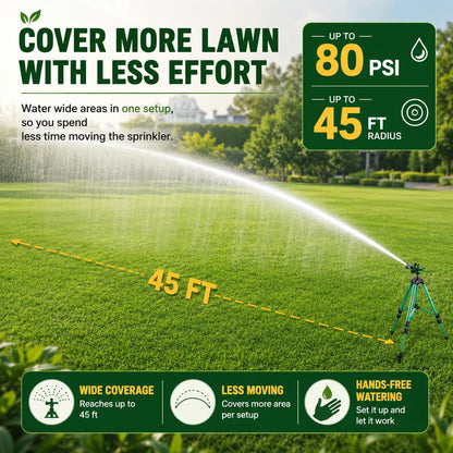 Sprinklers for Yard, Up to 50% Larger Watering Coverage, 2026 Heavy-Duty Impact Lawn Sprinkler on Spike Tripod Base with 360° Large Area Irrigation, Adjustable Extension Legs for Garden Lawn, Green