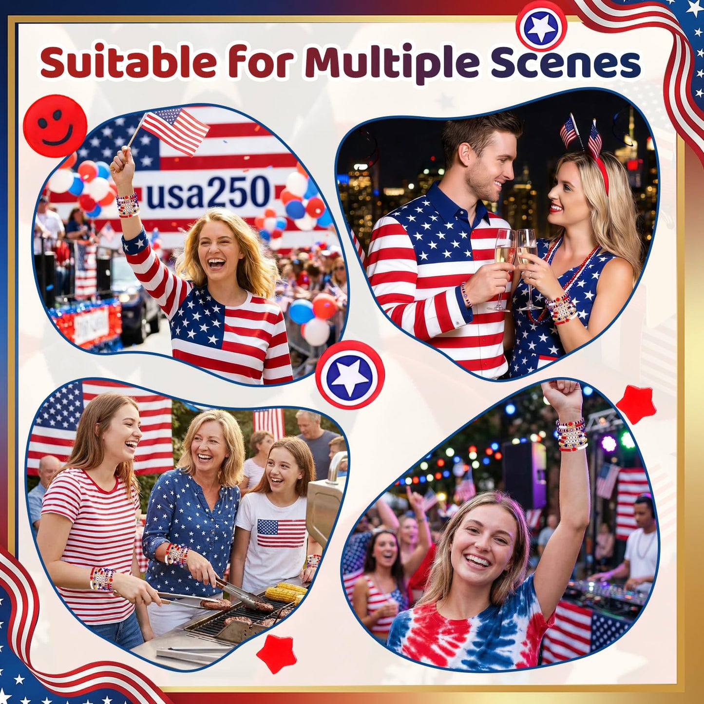 250 Anniversary USA Merchandise 4th of July Outfits for Women Men Teens Red White Blue Clay Beaded Stretch Bracelets USA Patriotic Jewelry 4th of July Accessories