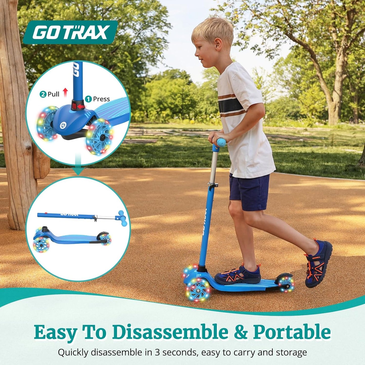Gotrax KS1 Kinder-Roller, LED-Räder und 3-fach verstellbare Lenkerhöhe, Lean-to-Steer & breites Anti-Rutsch-Deck, 3-Rad-Roller für Jungen und Mädchen ab 3 Jahren und bis 45 kg