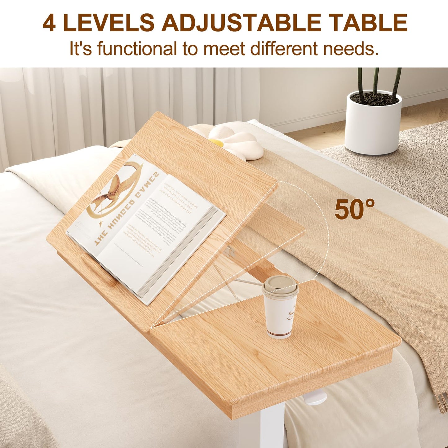 Muwuele Solid Wood Overbed Bedside Table with Wheels, Adjustable Medical Tilt Top Hospital Bed Table Over The Bed, Rolling Laptop Desk, Mobile Standing Desk for Hospital and Home Use (Walnut)