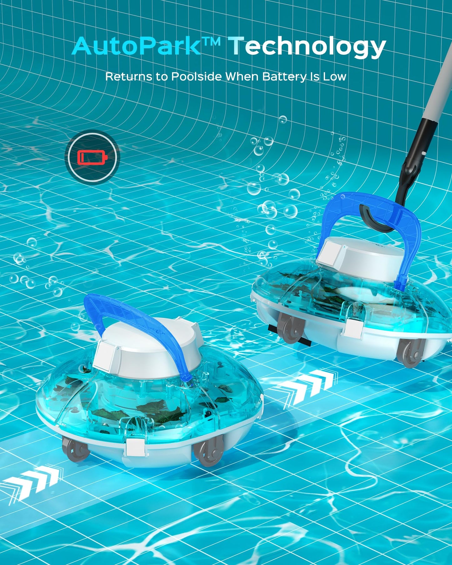 (2026 Upgrade) Cordless Pool Vacuum for Above Ground Pool, Automatic Pool Cleaner Robot Cleaning Up to 660 sq.ft, Dual-Layer Filtration, 90 Mins Runtime, Self-Parking, with Hook (Light Tinted Black)