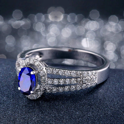 Aienid 18Ct White Gold Engagement Rings Diamond Oval Cut Blue Sapphire Micro Pave Diamond Engagement Ring for Her