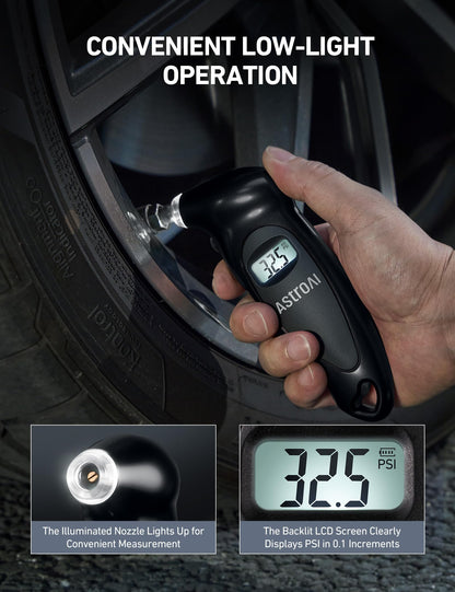 AstroAI Digital Tire Pressure Gauge with Replaceable AAA Batteries, 150 PSI 4 Settings Industrial Tire Gauge for Car Truck Bicycle Backlit LCD Non-Slip Grip Car Accessories(Black)