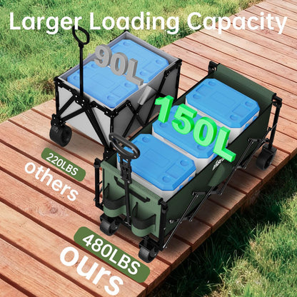 Extra Long Collapsible Wagon Cart, 480LBS Heavy Duty Utility Wagons with All-Terrain Wheels, Foldable Grocery Carts for Gardening, Shopping, Beach, Camping, Black